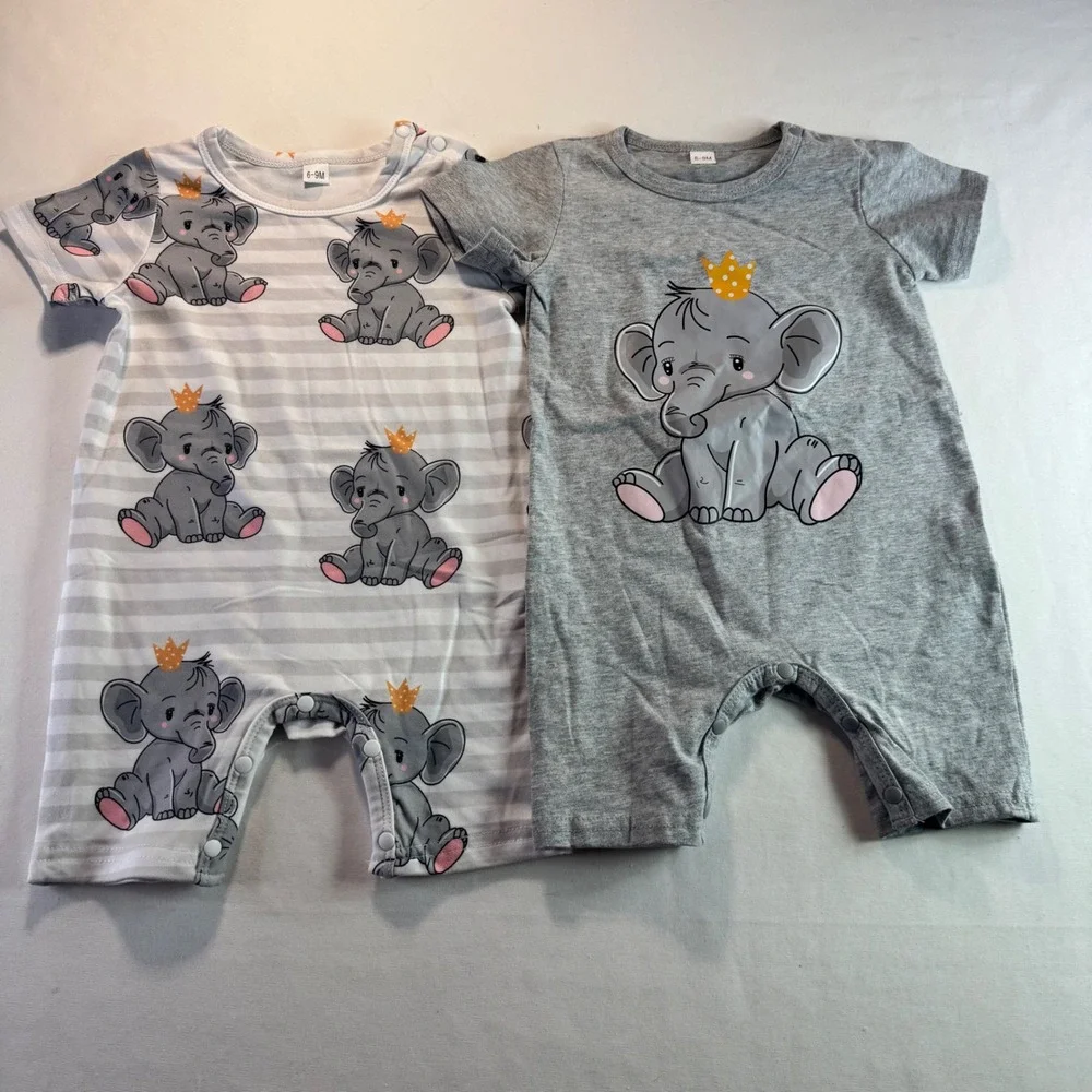 Baby Elephant Romper Set 6-9M 2pc Gray‎ Striped Short Sleeve Snaps Outfit Top XL